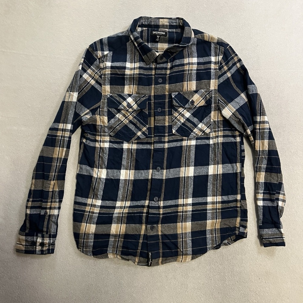 True Religion Shirt Men's Small Plaid Double Front Pockets Flannel Long Sleeve